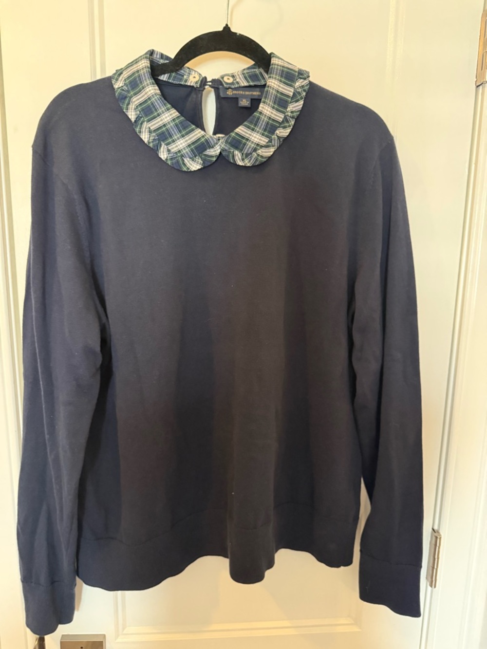 Brooks Brothers Navy Sweater with Removable Plaid Peter Pan Collar